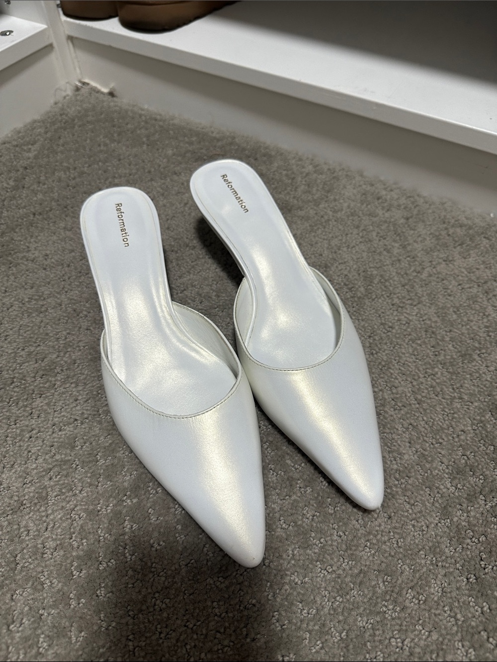 Reformation Pearl White Pointed Mule Slides